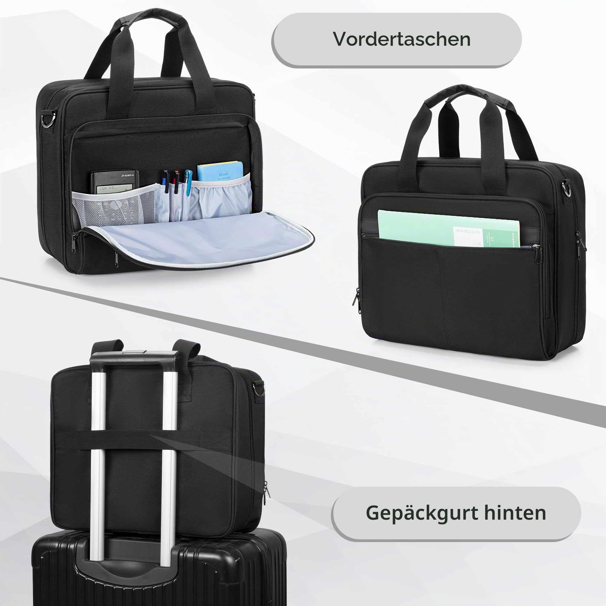 Schreibmappe A4 mit Griff und Riemen, Konferenzmappe mit Ringbuch und Reißverschluss, 13" Laptop, Reise Business Dokumententasche, Tragbares Büro, Schwarz