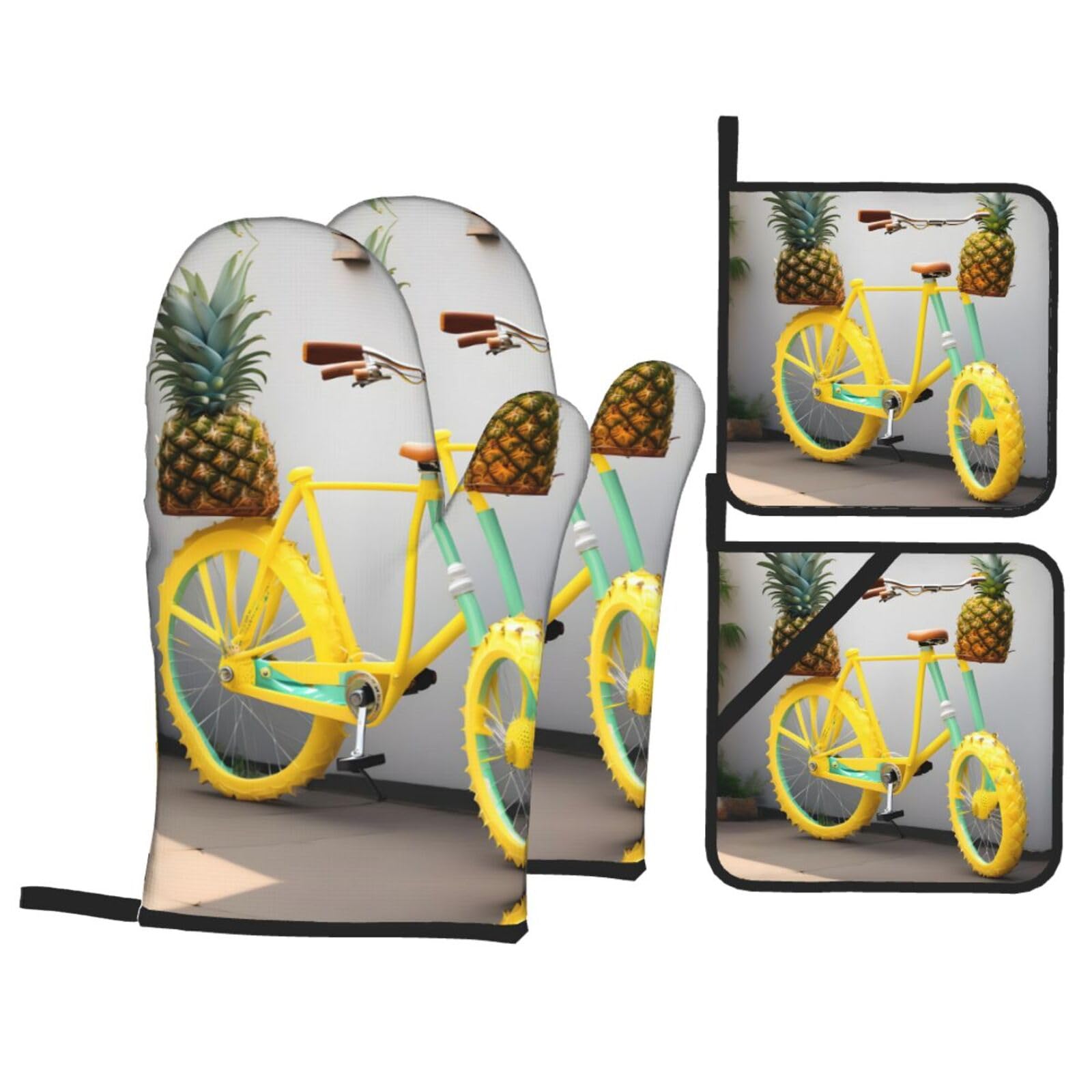 Pineapple bike Print Stylish 4-Piece Microwaving Oven Waterproof Kitchen Gloves Baking Holiday Cooking