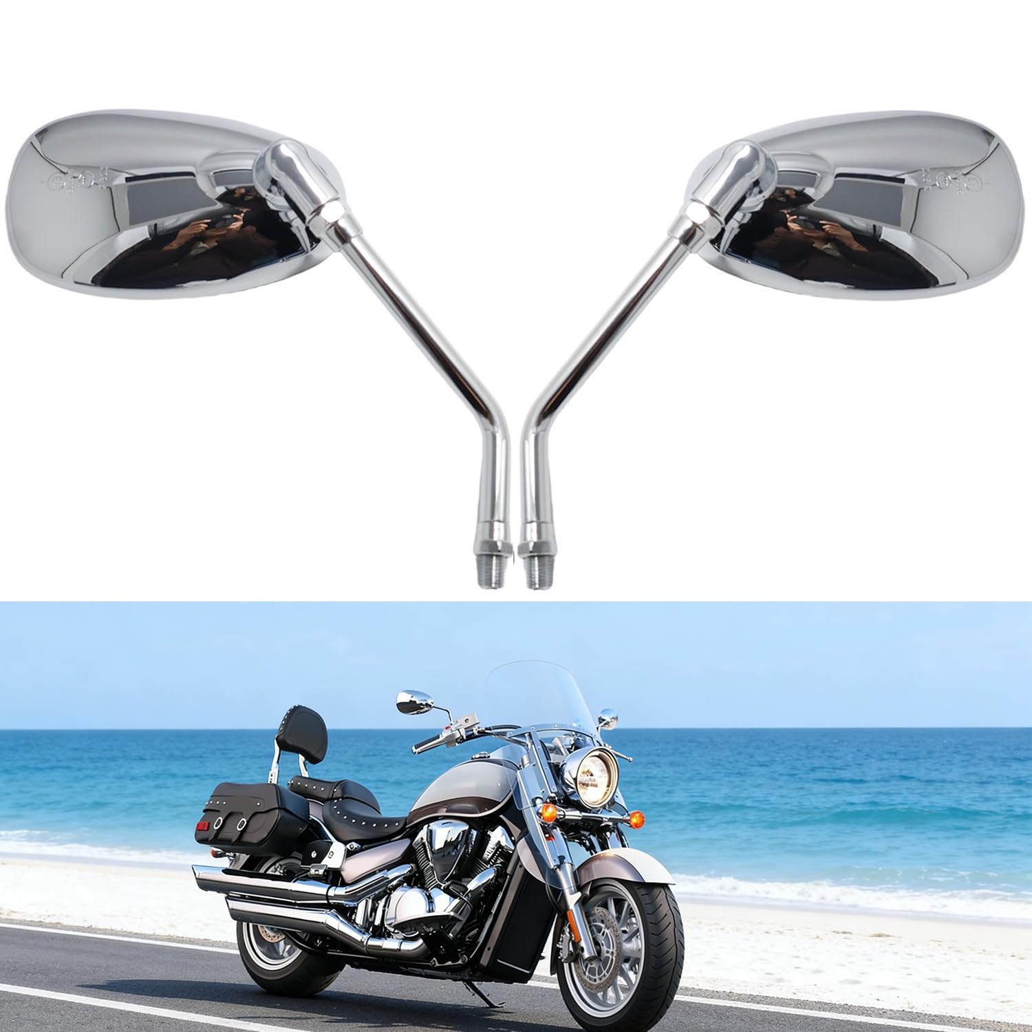 Rétroviseur moto, rétroviseurs latéraux M10 Chrome Compatibles avec paquet de vis pour scooter Street Bike Cruiser Chopper Suzuki