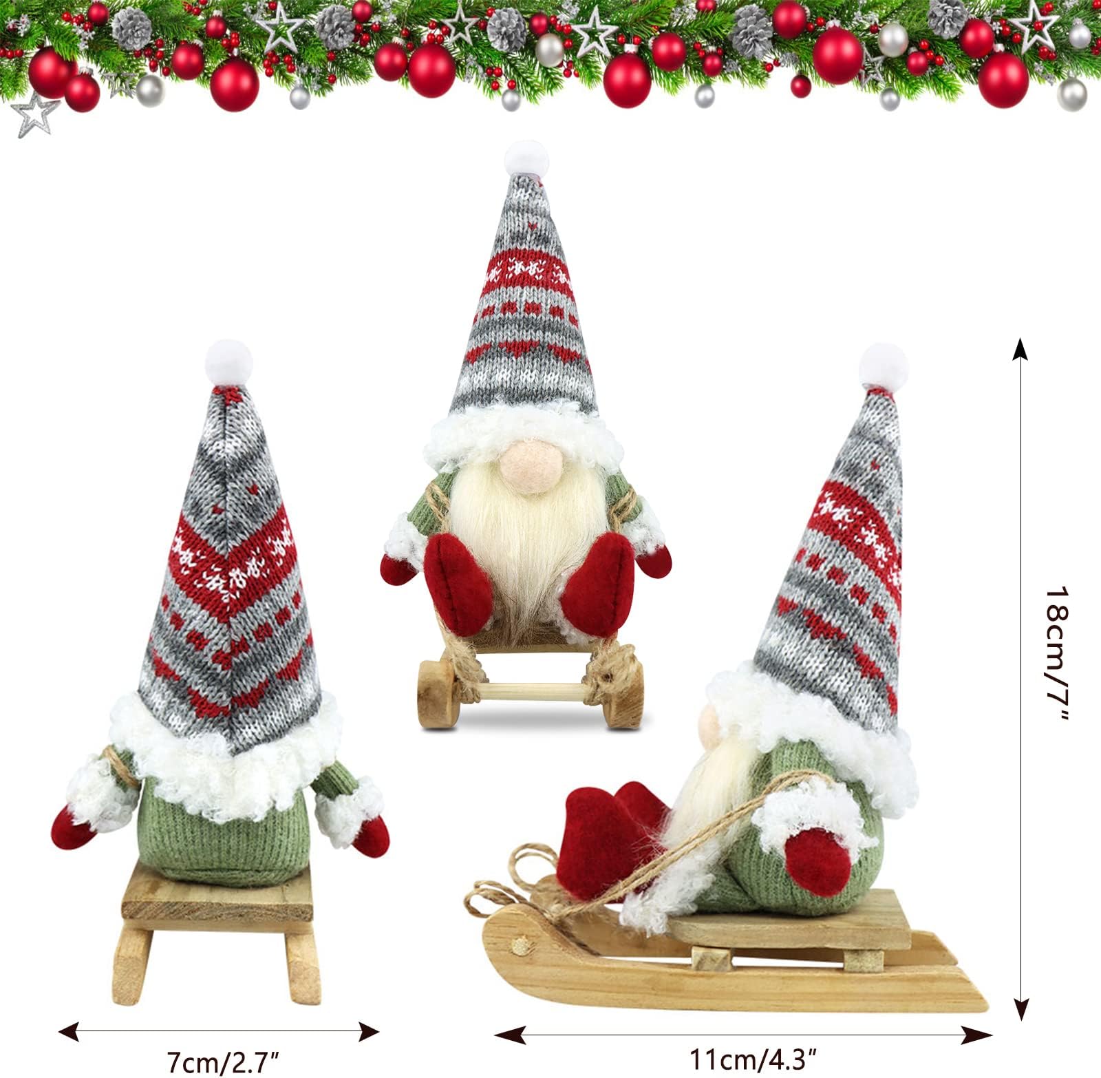 Gehydy Set of 3 Christmas Gonks Decorations Gnome with Sled Santa Handmade Scandinavian Tomte Xmas Decor for Home Kitchen Farmhouse