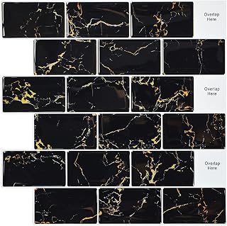 10-Sheet Black Peel and Stick Backsplash Subway Tile, Self-Adhesive Marble Look Stick on Wall Tiles for Kitchen Bathroom (12"x12")