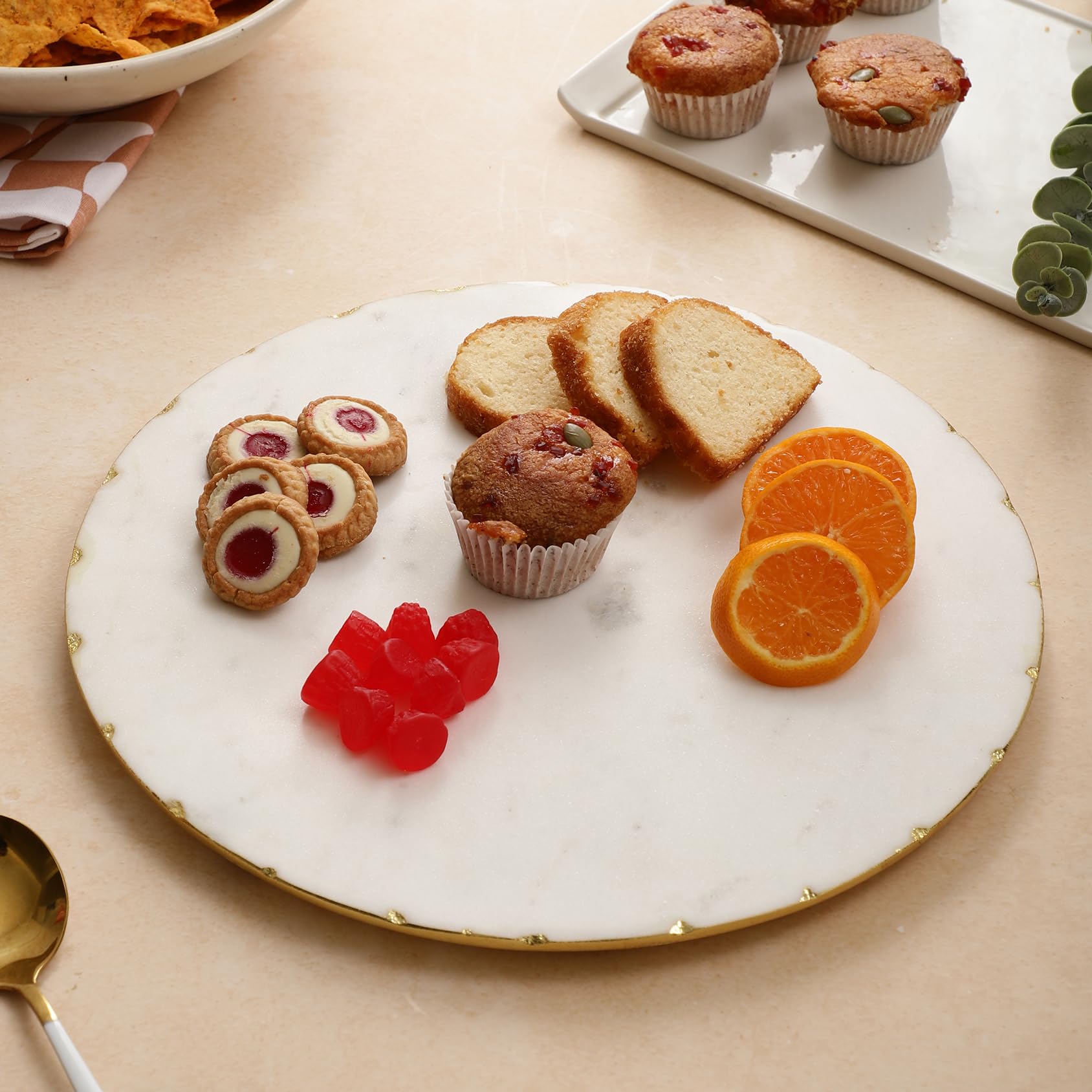 NikkisPride Handmade Marble White Pizza Platter Cheese Platter Serving Platter and Snacks with Gold Foil (10 Inch)