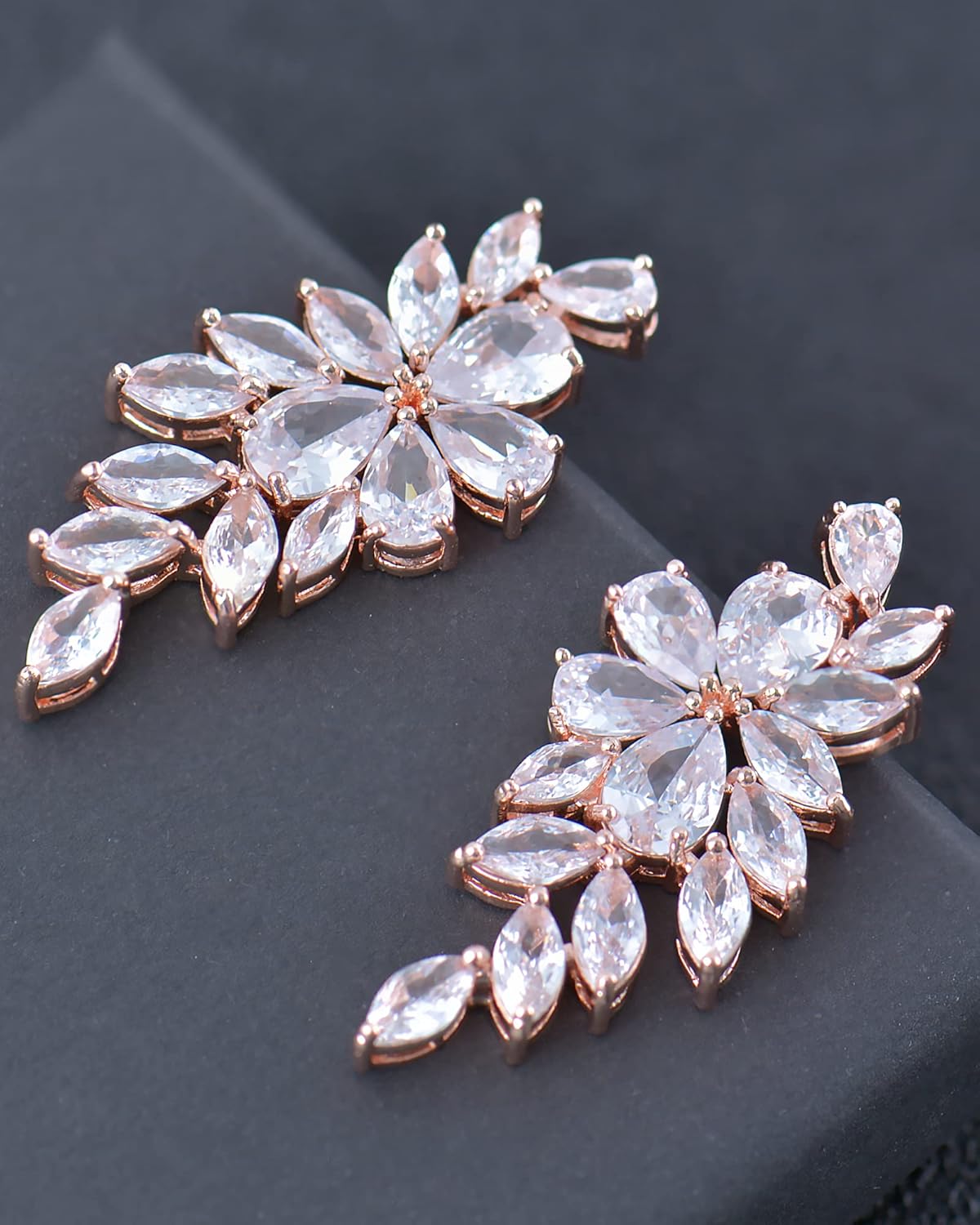 Bridal Wedding Earrings for Brides, Bridesmaids, Marquise Cubic Zirconia Rhinestone Cluster Earrings for Women, Party, Prom (Rose Gold) - Image 3