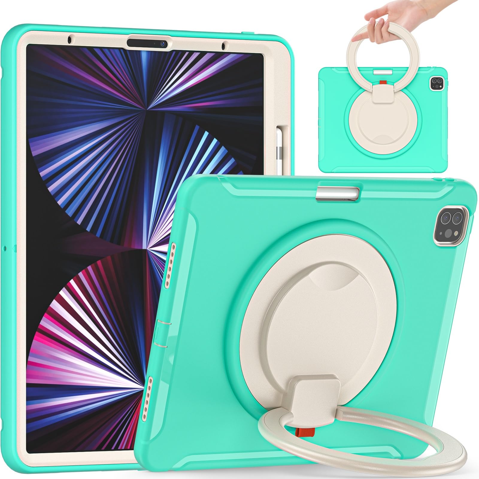 Kompatybilny z etui iPad Pro 12.9 2021 5. generacji, odporna na wstrząsy hybrydowa osłona ochronna obrotowym uchwytem i podstawką, przyjazny dla dzieci design(Green 1)