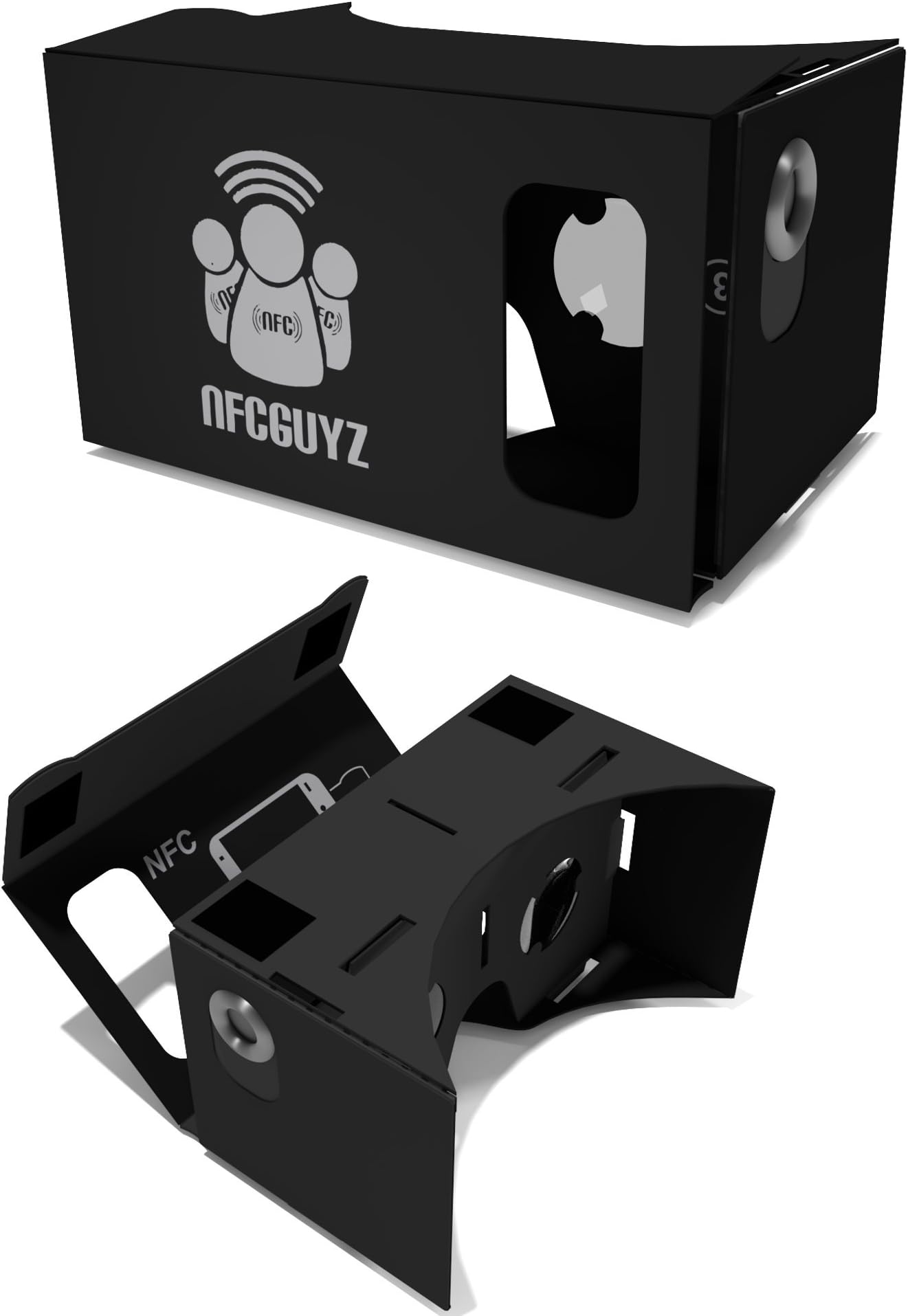 BLACK Google Cardboard Complete Kit Virtual Reality VR 3D Glasses From NFCGuyz With Premium Feel Carboard - Pre-Built And Ready To Assemble Top Quality With Numbered Instructions - NFC - Magnets - Velcro and Lenses New