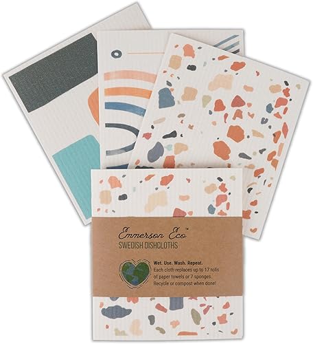 Emmerson Eco Paños suecos para cocina  Paquete de 3 paños de cocina bohemios abstractos reutilizables de limpieza europeos de secado rápido para el