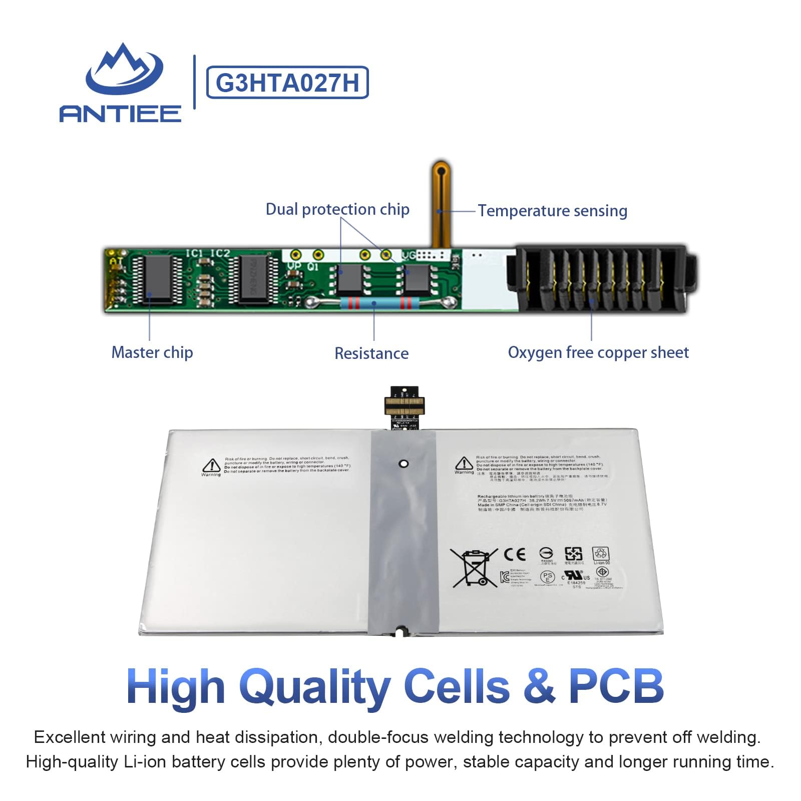 ANTIEE G3HTA027H DYNR01 38.2Wh Batteria per Microsoft Surface Pro 4 1724 Series Tablet Computer G3HTA027H 5087mAh 7.5V