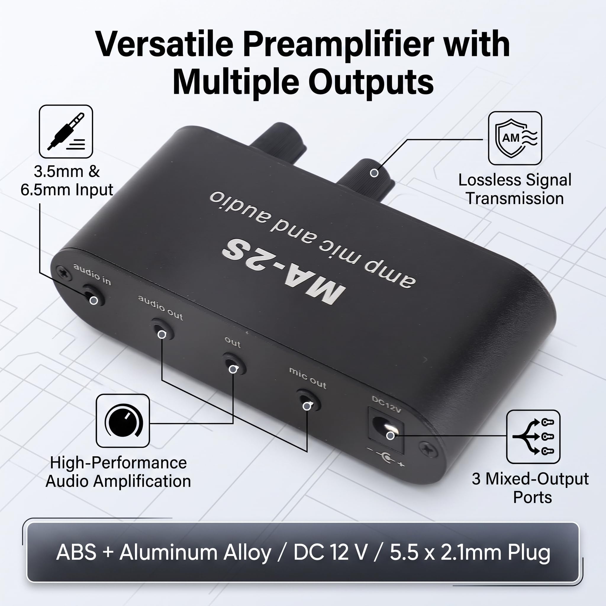 Kleiner Stereo-Audio-Vorverstärker 3 Ausgangsanschlüsse Aluminium-ABS-Kopfhörerverstärker für Lautsprecher Dynamisches 6,5-mm-Mikrofon 3,5-mm-Kondensatorschnittstelle