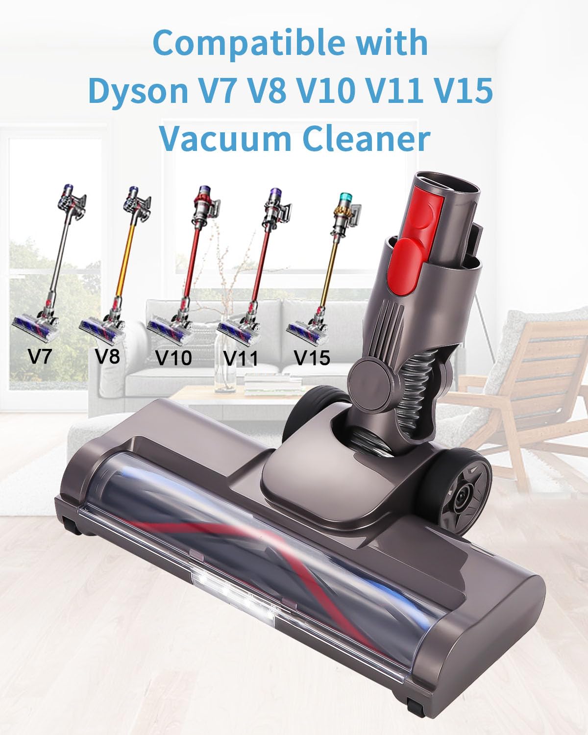Cepillo Compatible con Dyson V7 / V8 / V10 / V11/V15 Aspiradoras, Recambios Cepillo de Accionamiento Directo con 4 Luces LED, para Alfombras y Suelos Duros