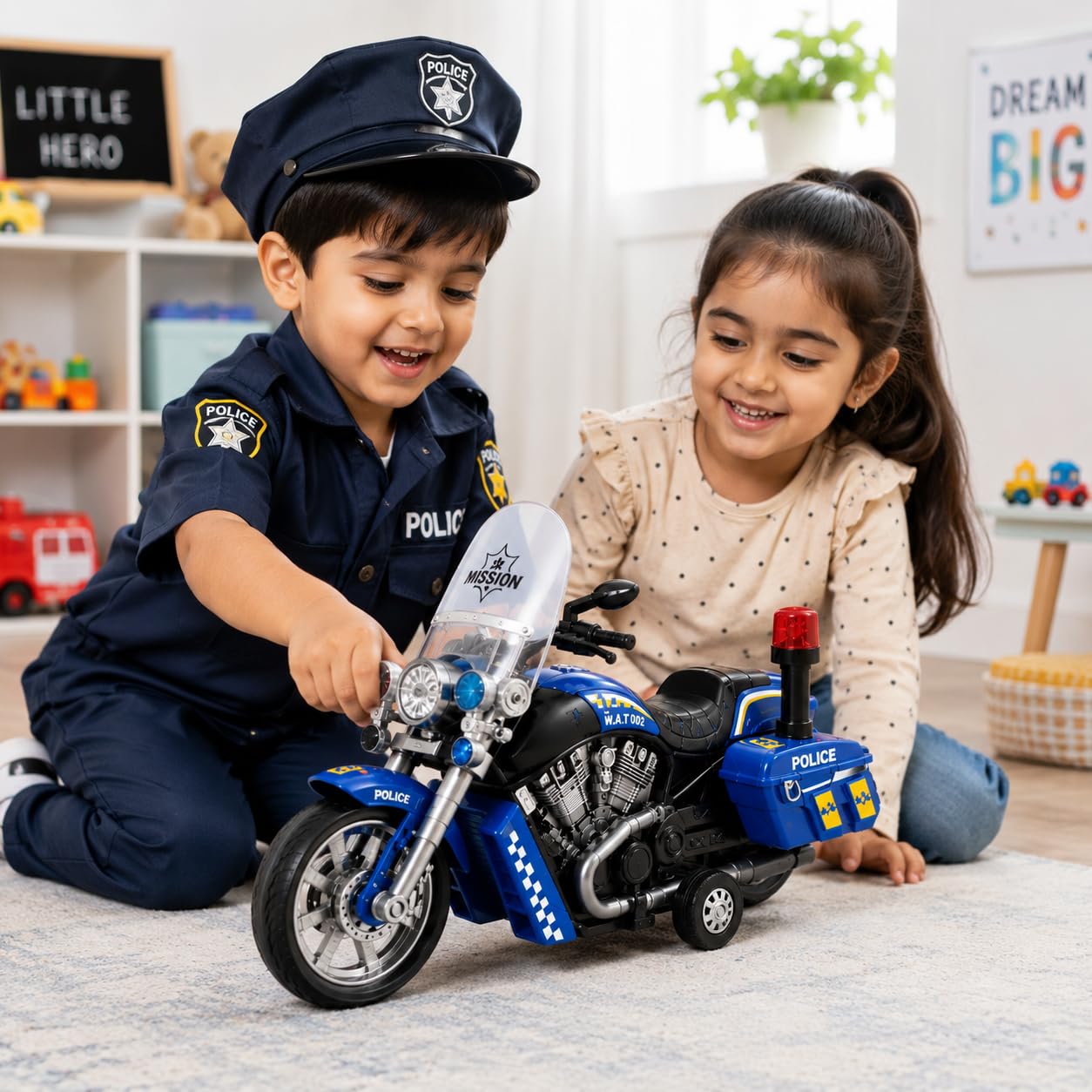 PLUSPOINT Police Rescue Bike Toy for Kids | Friction Powered Push & Go Police Motorcycle with Lights & Music | Emergency Vehicle Simulation Toy for Boys & Girls Age 3-6 Years 3