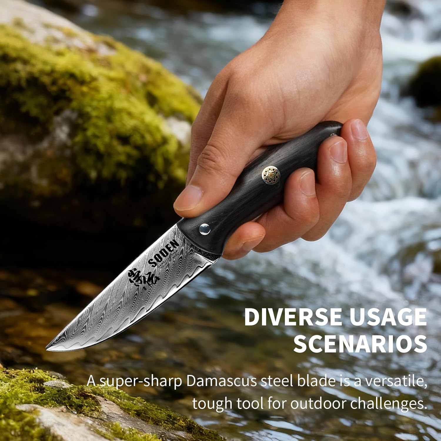 SODEN Damascus Camping Knife, VG-10 Core Full Tang Fixed Blade for Survival & Outdoor Hunting | Ergonomic Rosewood Handle | Premium Knife Tool