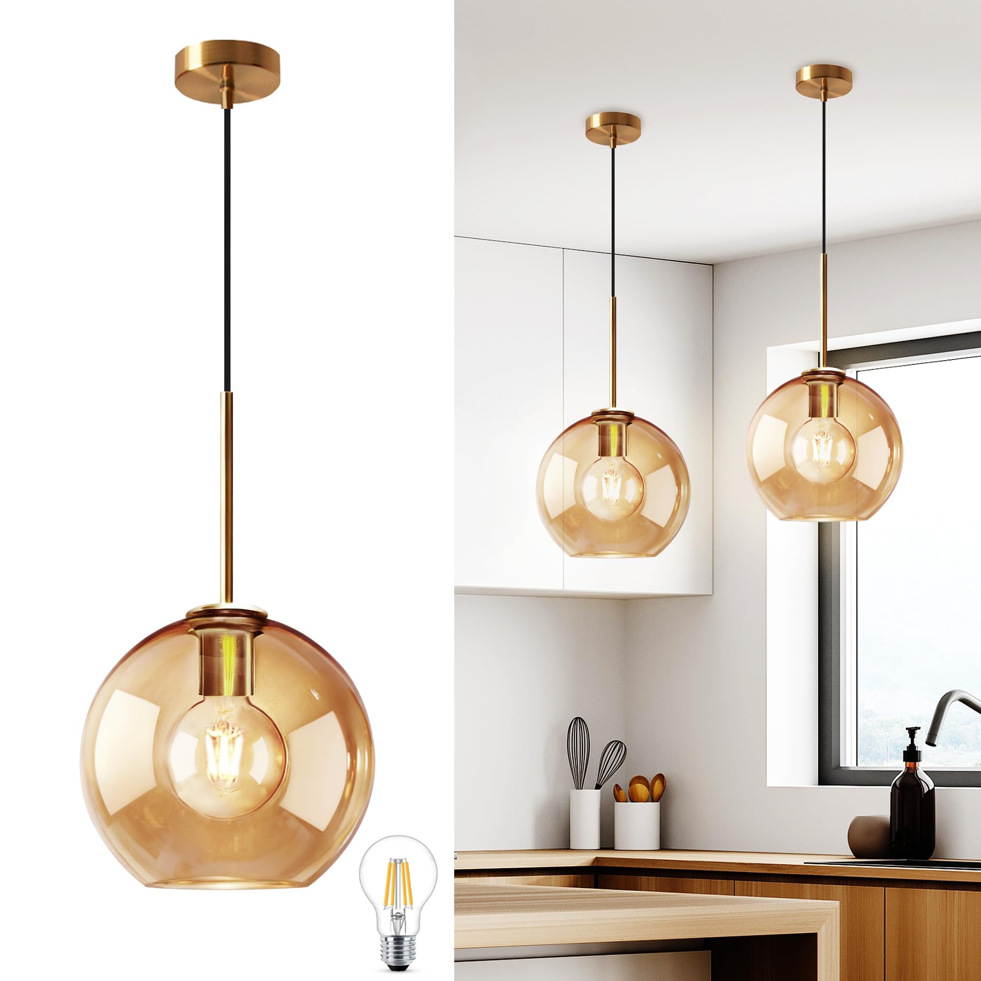 Bravsekai Amber Glass Pendant Lights Kitchen Island Lighting Globe Pendant Light Fixtures Modern Pendant Lighting for Kitchen Island Bedroom Living Dining Room Light Fixture(20cm,1-Pack)