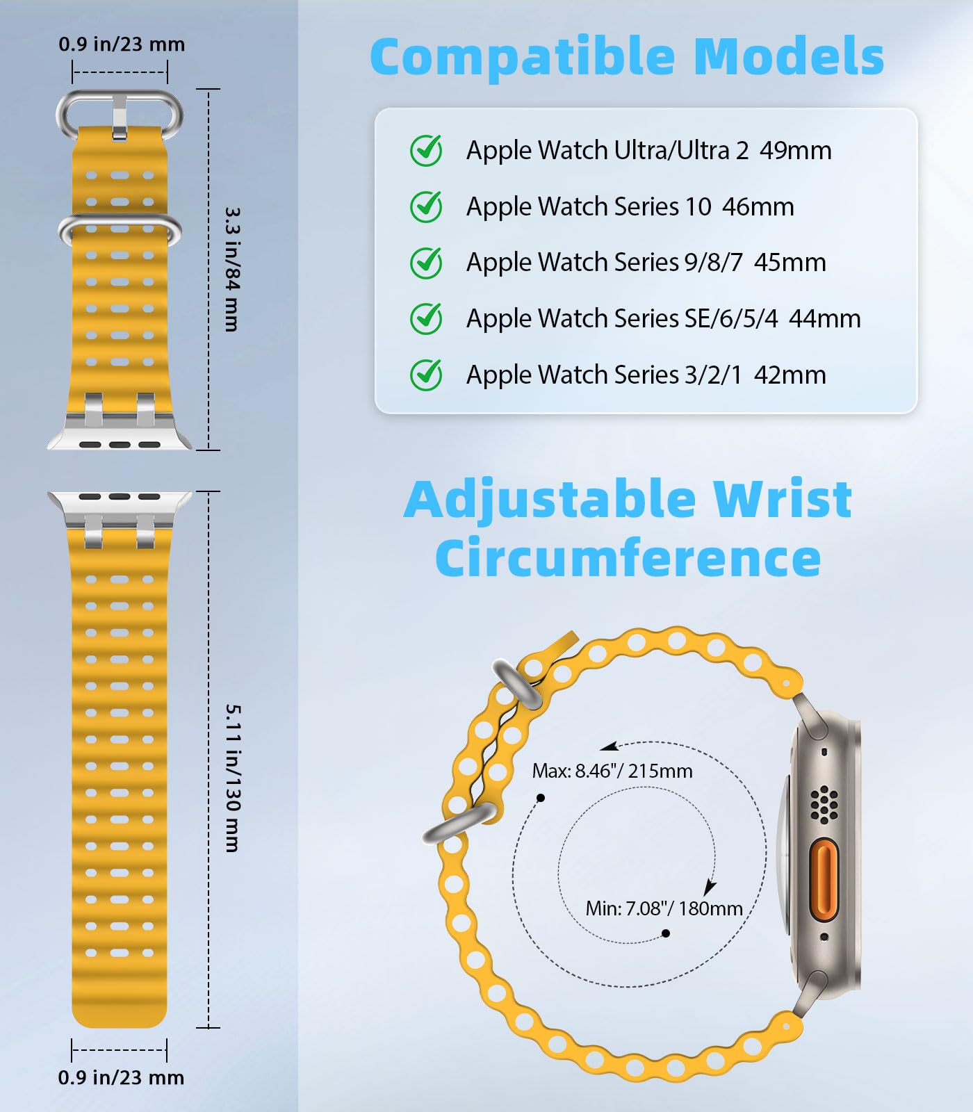 MoKo Bracciale Migliorato in Silicone Sport Oceano per Apple Watch 49mm/46mm/45mm/44mm/42mm - Serie 10/9/8/7/6/5/4/3/SE2/SE/Ultra2/Ultra - Unisex