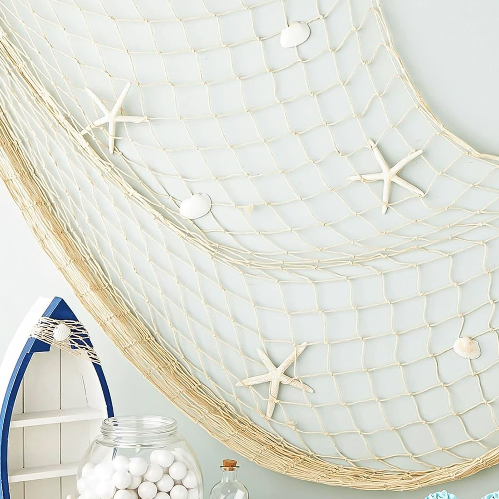 1 filet de pêche décoratif (200 x 100 cm), filet de coton naturel, style méditerranéen et nautique, pour les fêtes sur la plage, le salon et la chambre à coucher