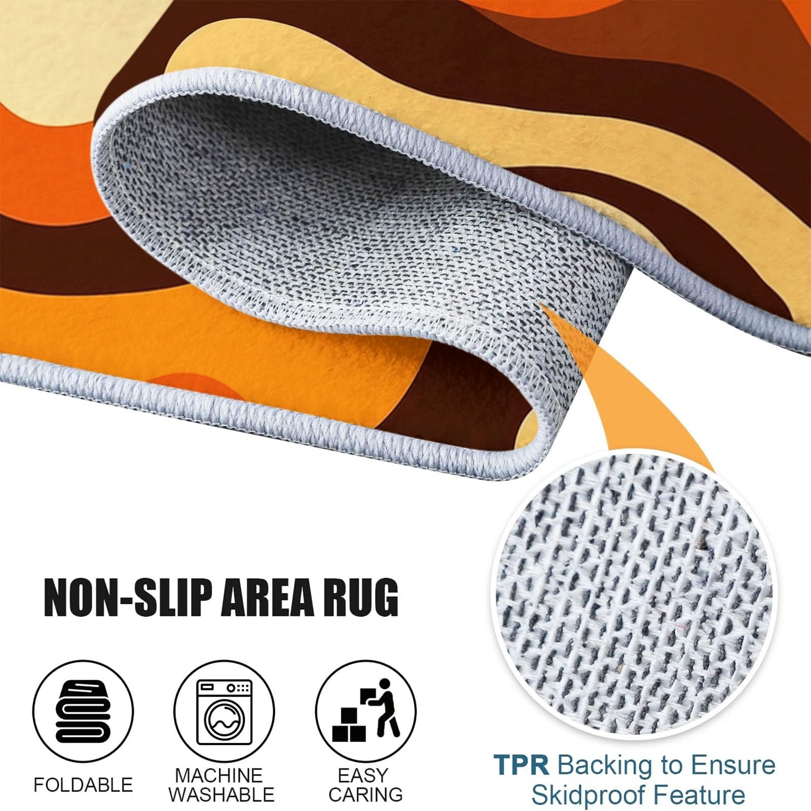 120 cm Tapis Rond Salon Couleur Orange Rétro Ondulé Géométrique Imprimé Tapis de Sol Décoration Antidérapant pour Salon Chambre Cuisine Balcon Terrasse Salle à Manger Intérieur