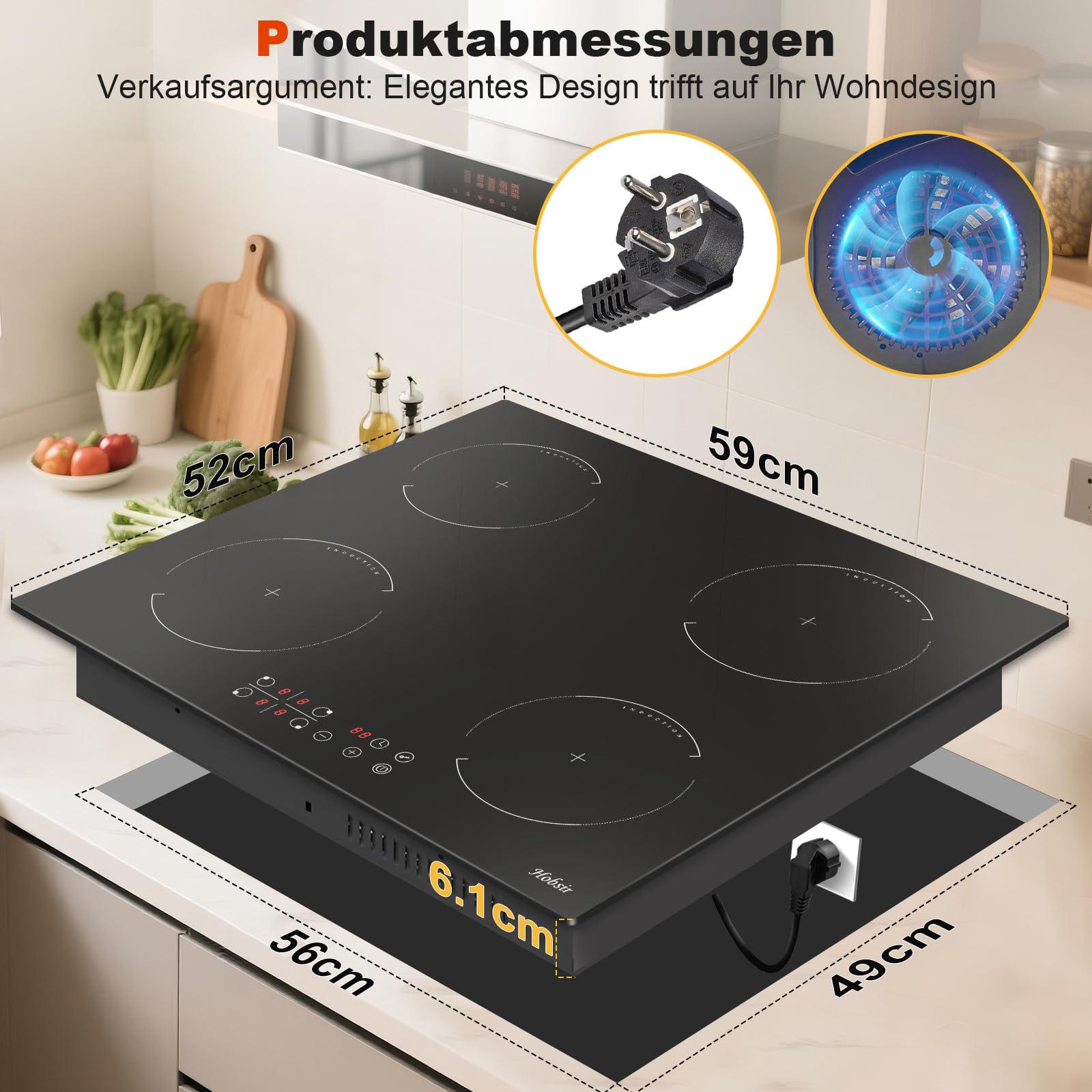 Hobsir Induktionskochfeld 4 Zonen Autark 60cm 3500W Touch-Bedienung Sicherheitsschloss Timer