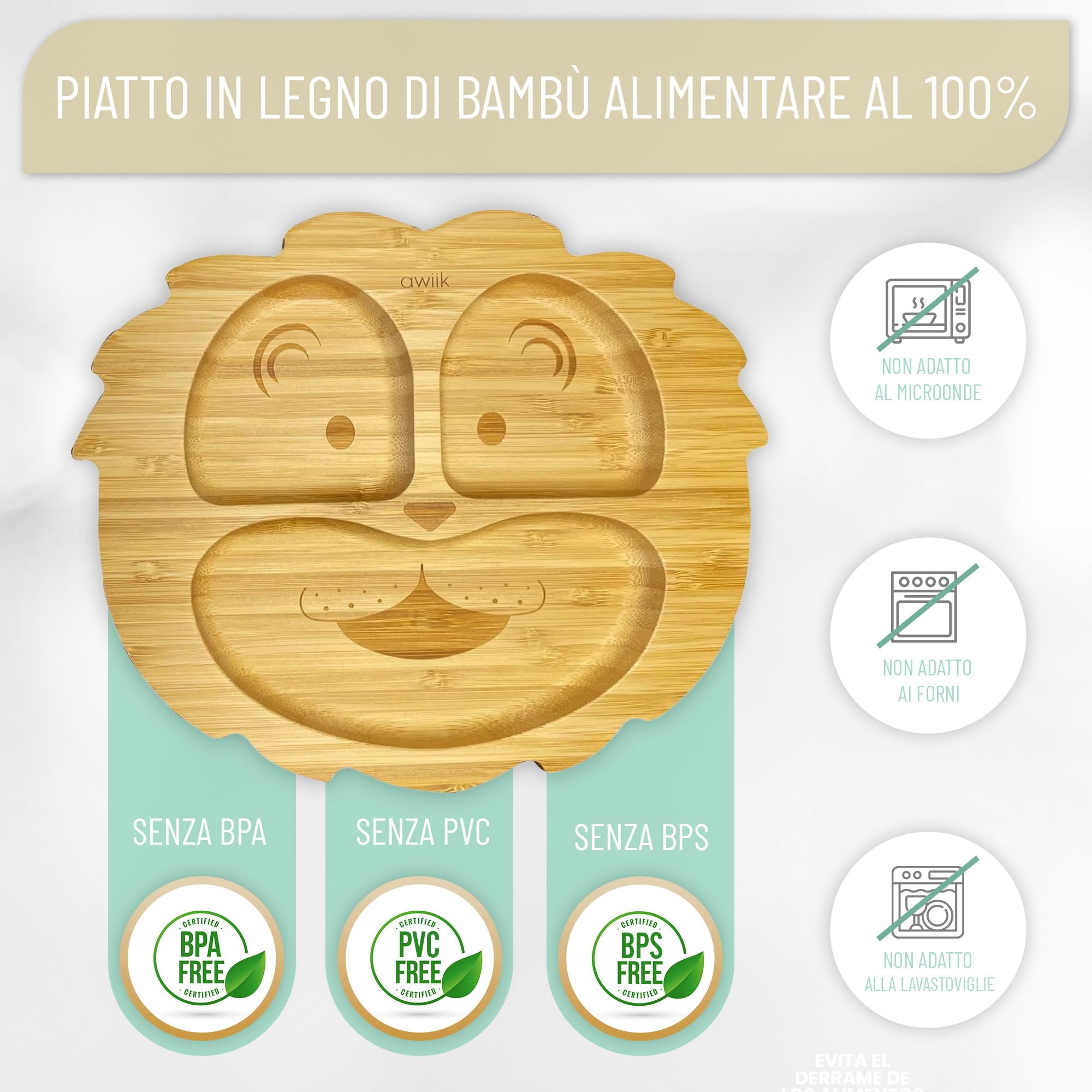 Piatto in Bambù Con Forte Ventosa per Neonati e Bambini Piccoli. Antiscivolo e Antiribaltamento per Imparare a Mangiare BLW. (Lion)