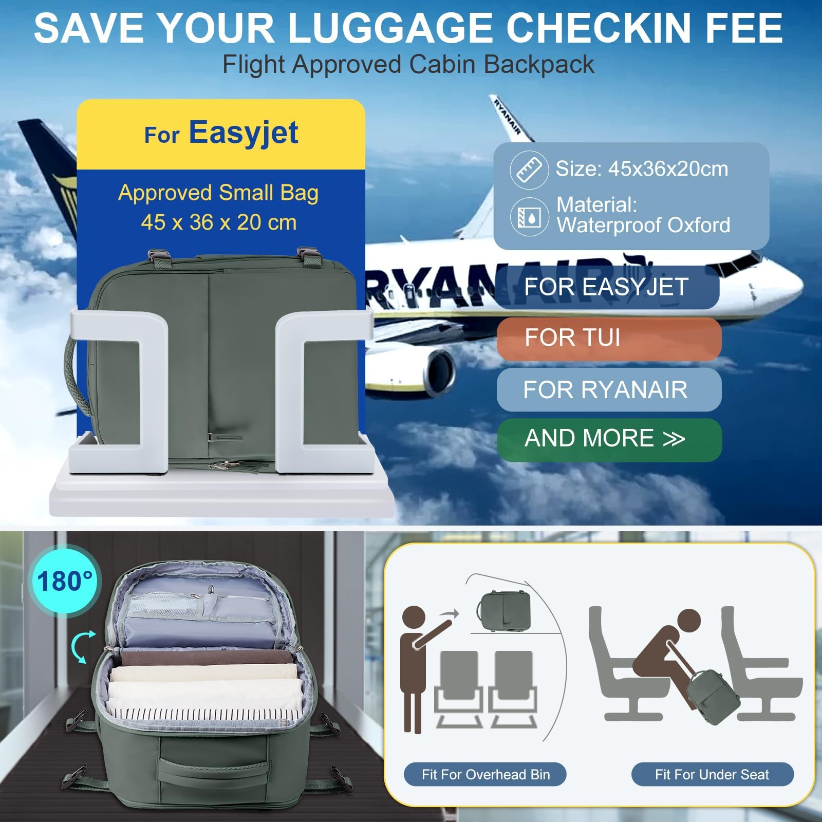 SZLX Zaino da viaggio con Sottovuoto Zaino Ryanair 40x20x25 Bagaglio a Mano Easyjet 45x36x20 Donna Borse da Cabina Impermeabile Uomo Adatto a PC da 14 pollici Travel Backpack per Sportivo Trekking