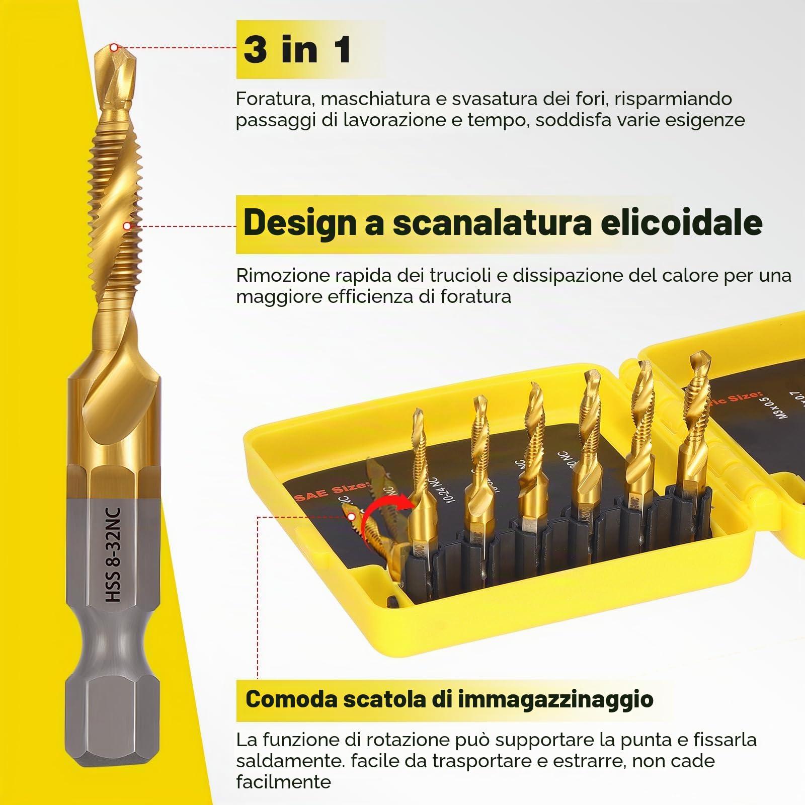 Set di 13 punte per filettatura HSS 6 mm M3-M10 SAE 6-32NC 1/4-20NC