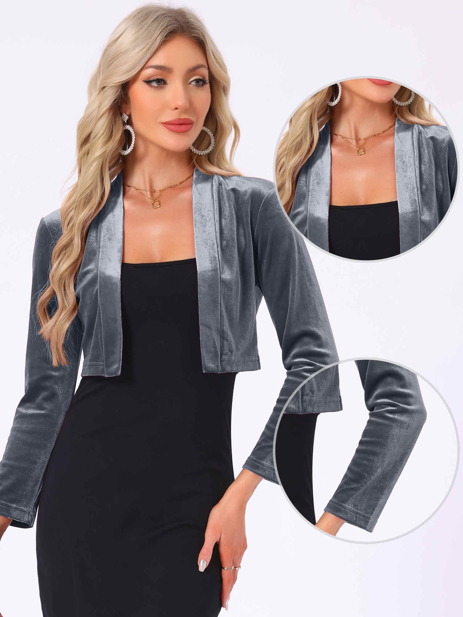 Allegra K Boléro court en velours à manches longues ouvert sur le devant pour femme, gris foncé, Small