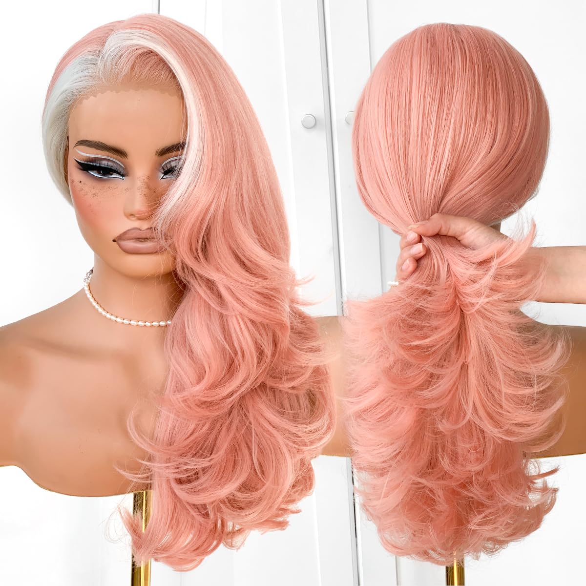 Pink Skunk Stripe Voluminous Feather Layered Hair Flip Out Preplucked Precision-Precut-cut Ready-to-Go Glueless 13x6 HD Synthetic Lace Front Wig