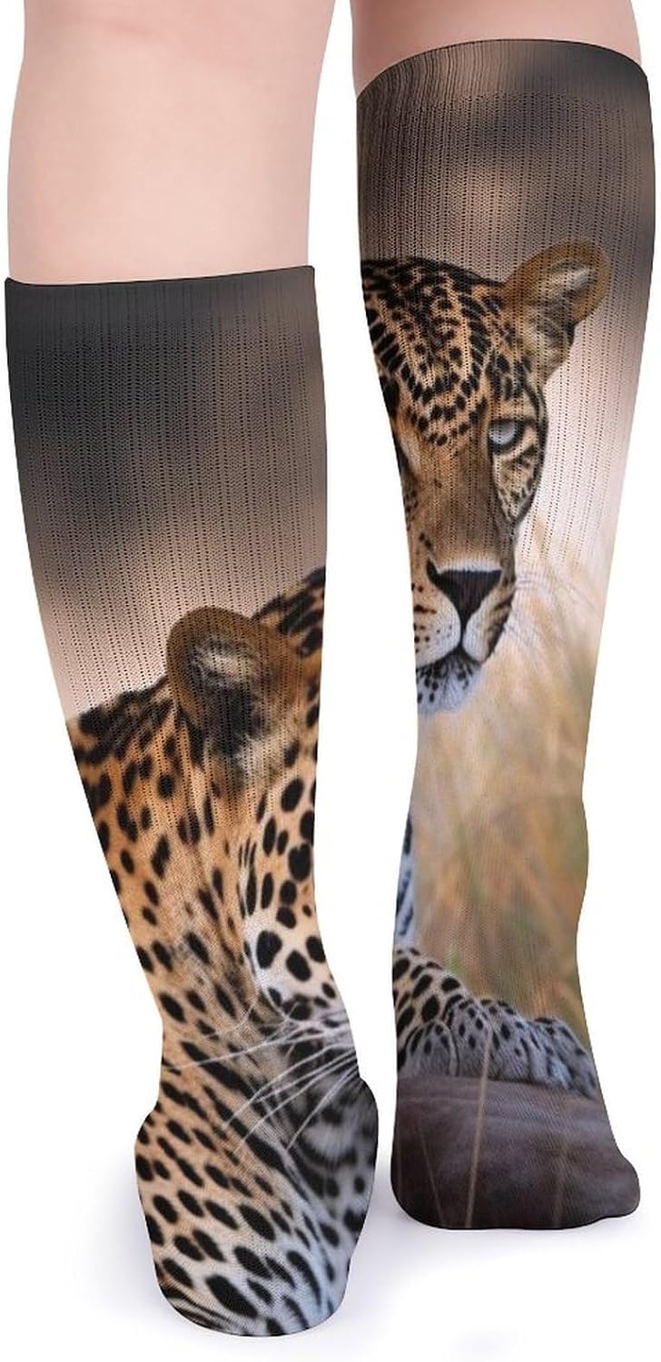 Breathable Crew Sock, Moisture Wicking, Athletic Calf Socks, Cozy | African Animal Leopard Compression Socks for Women Men, Lightweight High Work Socks for Business, Casual
