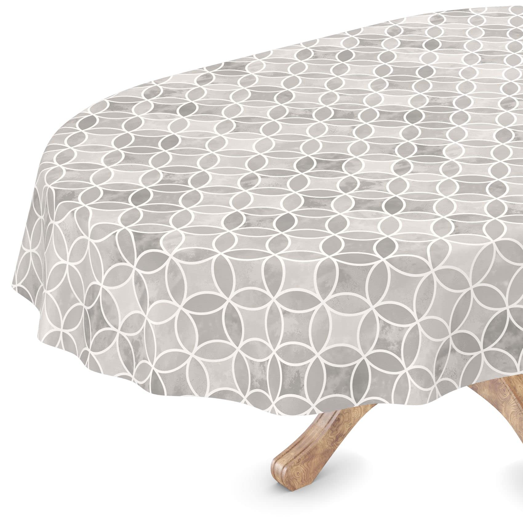 Nappe de table en toile cirée lavable, Wachstuch, ovale, bord coupé, motif kaléidoscope, gris, facile d'entretien, 140 x 240 cm