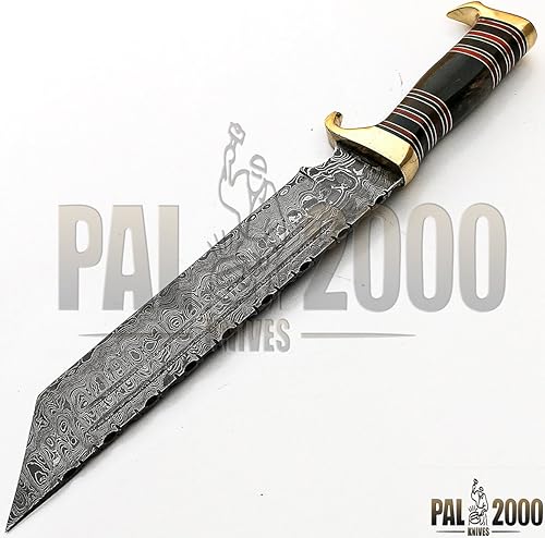 Miniatura 3 de HTK-9228 Cuchillo de caza de acero de Damasco hecho a mano personalizado 15 pulgadas Buffalo Horn Handle Escalera patrón hoja con funda