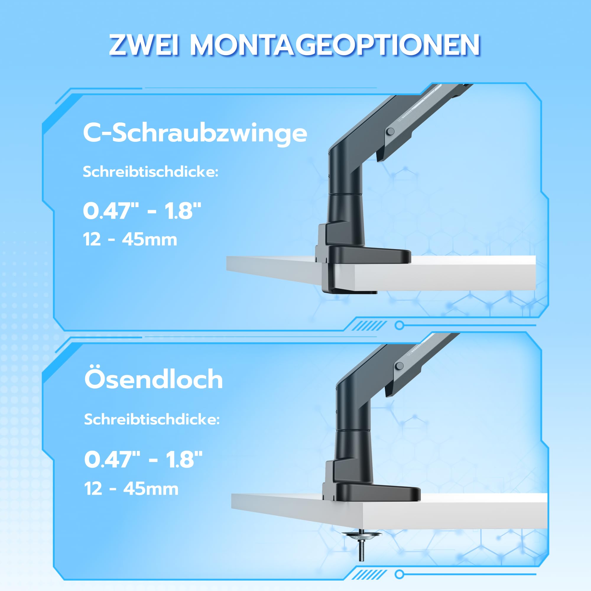ARES WING Monitor Halterung für 24-57" Bildsch, Schwarz | Monitor Arm mit Gasfeder, Monitor tischhalterung bis 30 kg, VESA Max bis 200x200