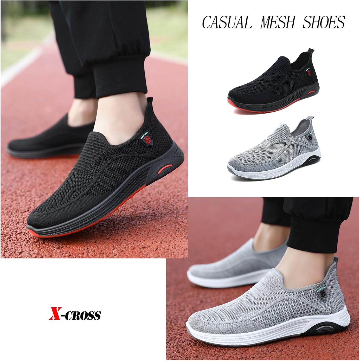 [X-cross] クロス メッシュスニーカー 紐なし 履きやすい ウォーキング カジュアル シューズ 通気性 アウトドア