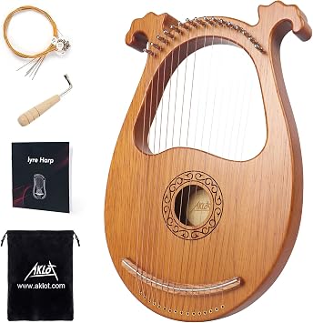 AKLOT 16 String Lyre Harp Deer Smile lyras Harps Mahogany Body and Copper Saddle with Tuning Wrench, Spare String Set, Bag, Manual