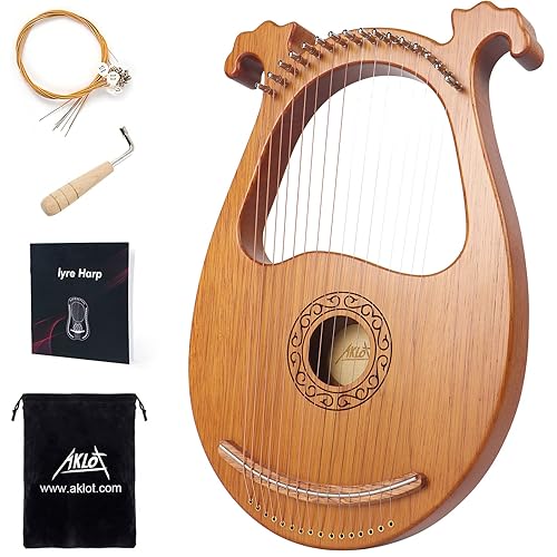 AKLOT 16 String Lyre Harp Deer Smile lyras Harps Mahogany Body and Copper Saddle with Tuning Wrench, Spare String Set, Bag, Manual - 16 Strings Lyre Harp