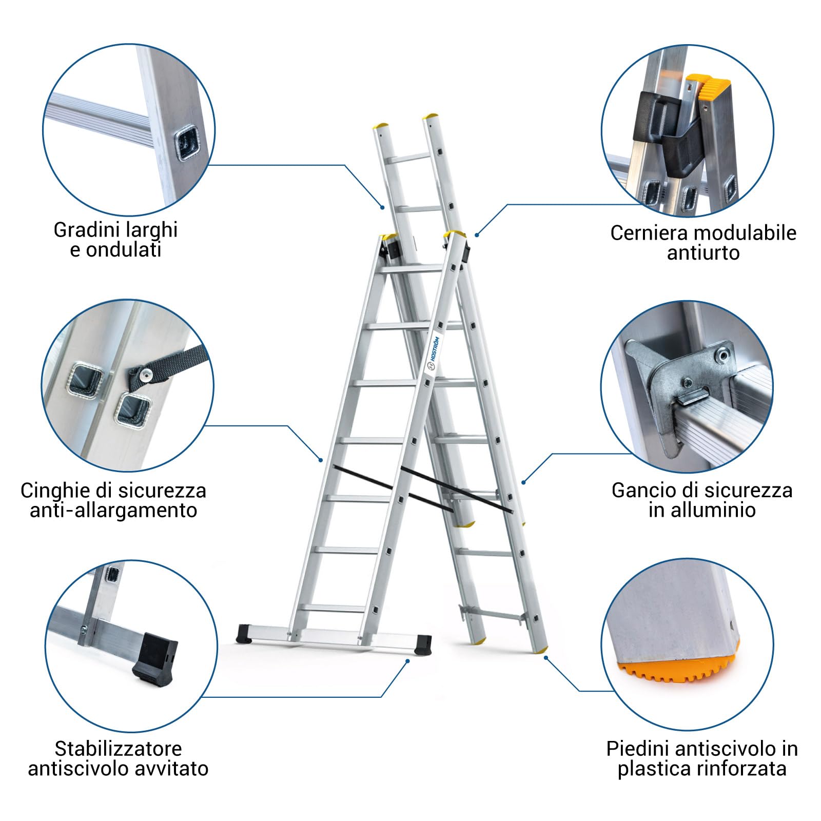 Scala a sfilo a 3 rampe StablePro, gradini 3x7 in alluminio, allungabile, 6 posizioni, altezza massima di lavoro 5,00 m, 5 anni di garanzia, Hostrom