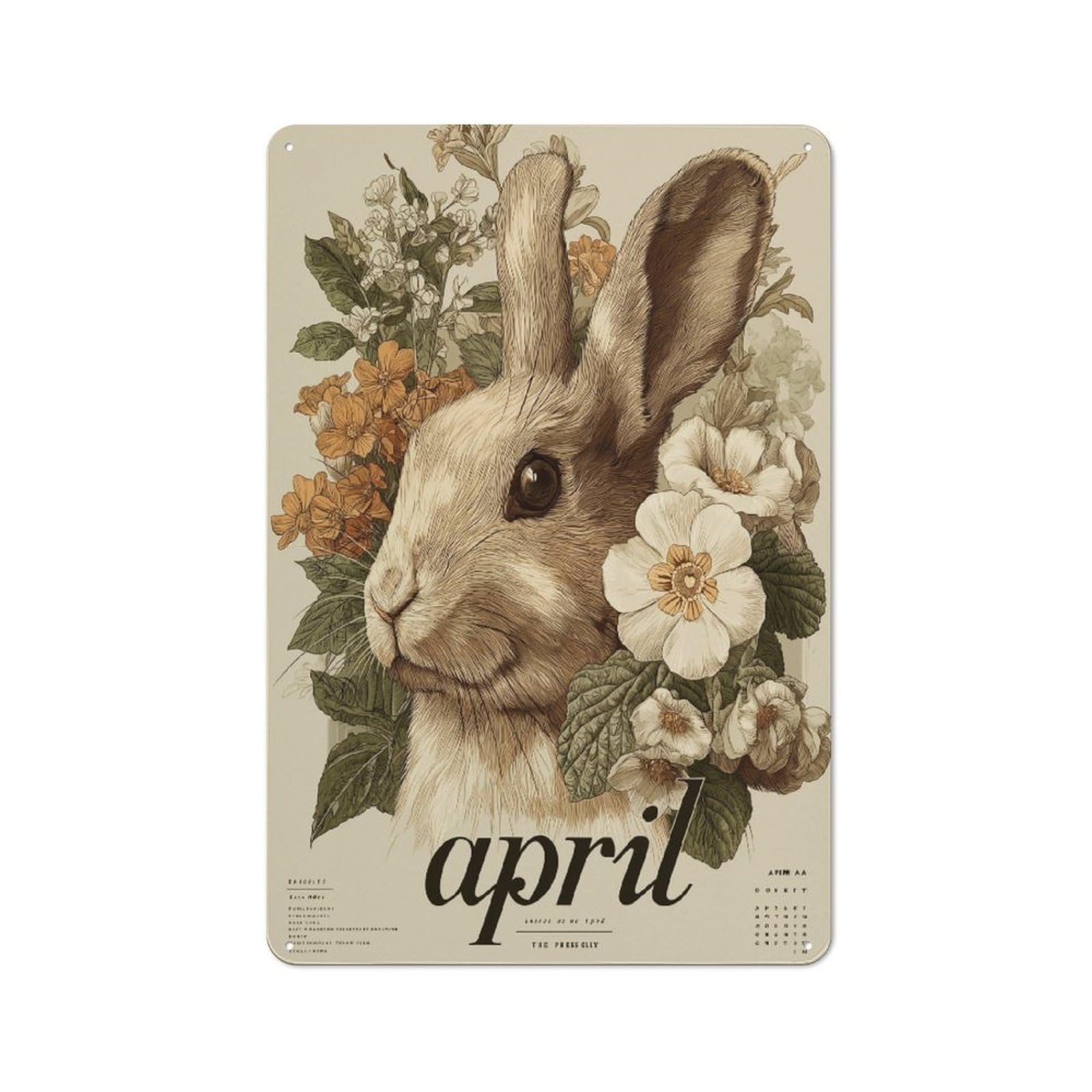 Junmoney April Bunny Blossom Calendar Rustic Metal Wall Decor 30X20cm, Decorative Tin Sign For Farmhouse Kitchen, Pantry Or Dining Area