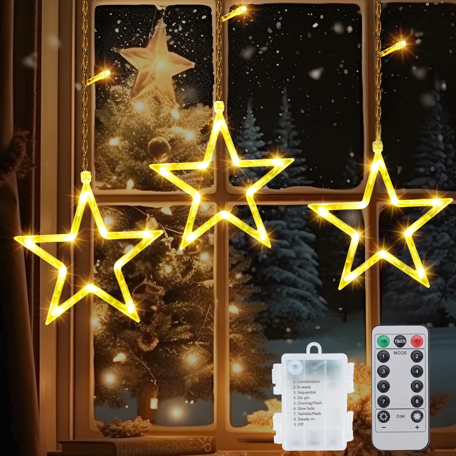 Ninonly Cortina Luces Estrellas Navidad, 39 LED Guirnalda Luces Estrellas, 8 Modos Cadena Luz Estrella Impermeable, Luces Navidad Ventana Decorativas para Interior Exterior Boda Fiesta
