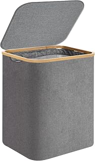 Laundry Hamper with Lid, 60L Laundry Basket with Bamboo Handles for Clothes and Toys Storage, Freestanding Collapsible Storage Basket with Removeable Inner Bag for Bedroom Bathroom, Grey