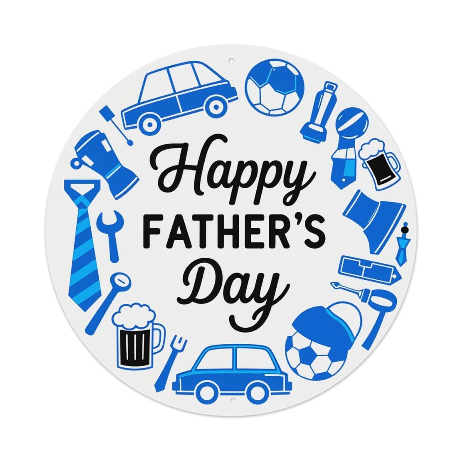 Happy Father's Day Icons Blue Round Tin Sign Vintage Metal Poster, Home Bar Garage Man Cave Cafe Indoor & Outdoor Wall Decoration 8x8Inches