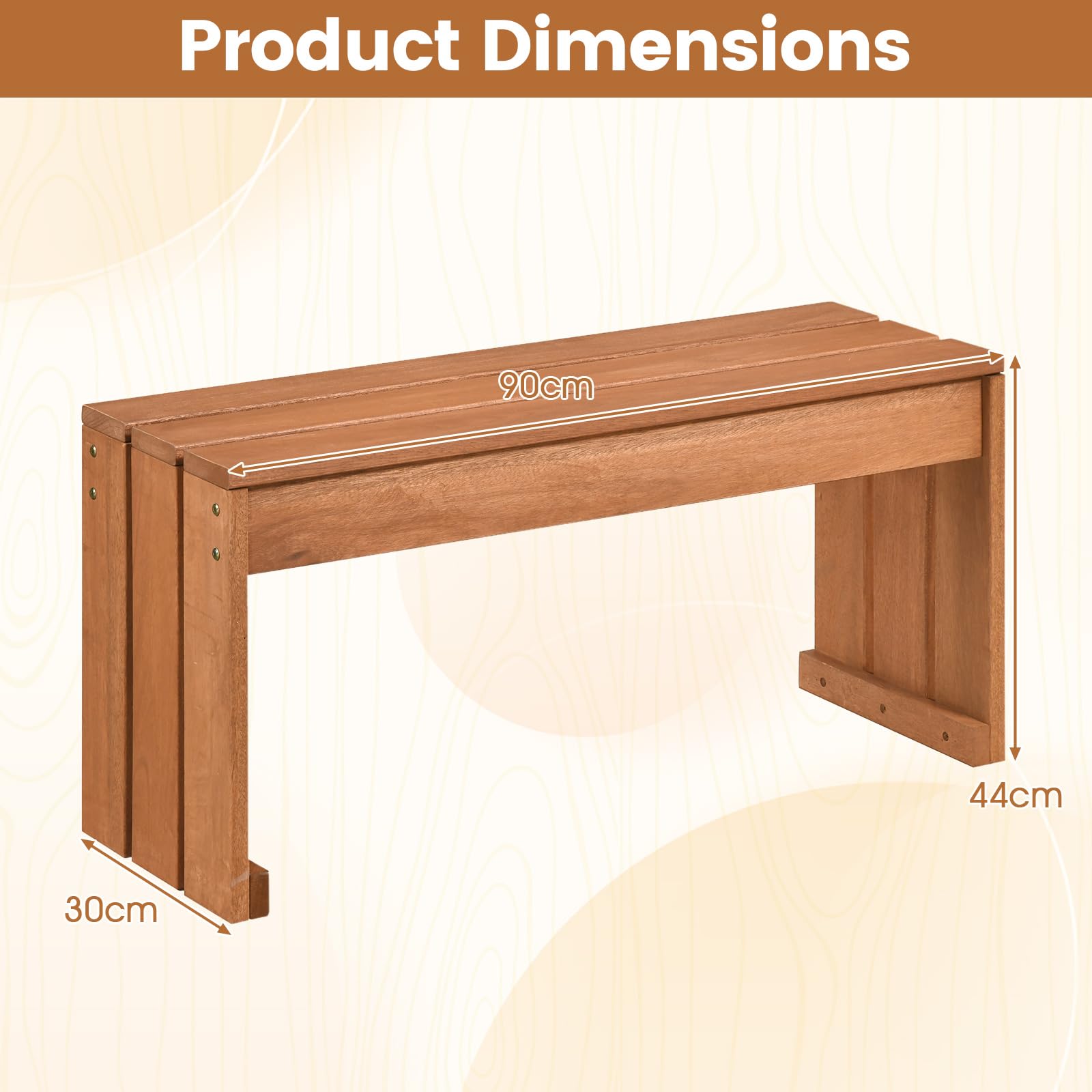 FANTASK Gartenbank ohne Rückenlehne, wetterfeste Holzbank aus Hartholz, Balkonbank & Blumenbank für Garten, Balkon & Terrasse, 90 x 30 x 44 cm