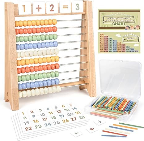 Abacus for Kids Math - Wooden Abacus with 100 Counting Sticks and 112 Math Cards, Counting Toys for Preschool Learning, Educational Math Toys for Developing Fine Motor Skills, Math Calculation