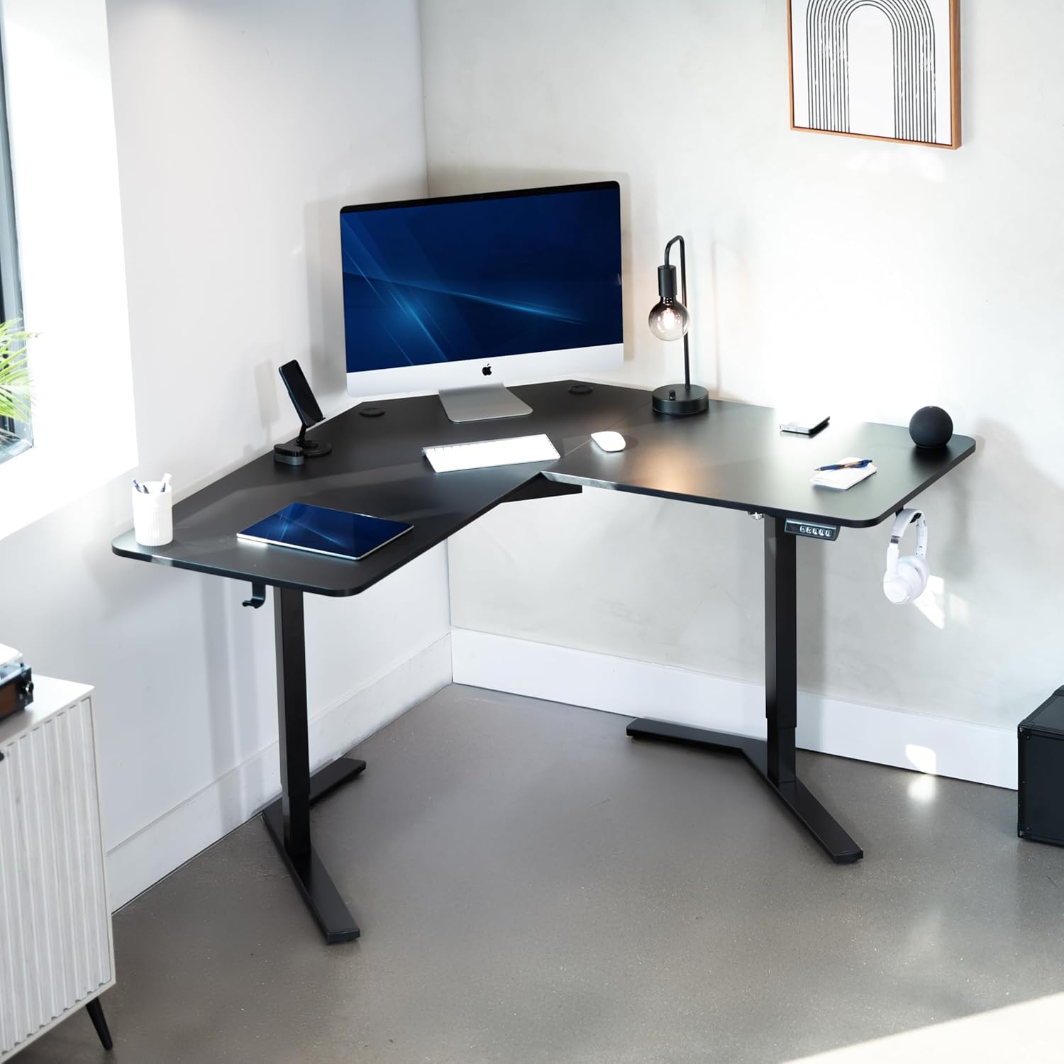 VIVO Electric Corner L-Shaped 55 x 55 in Standing Desk, Memory Height Adjustment, Black Top Black Frame, DESK-E1L110B