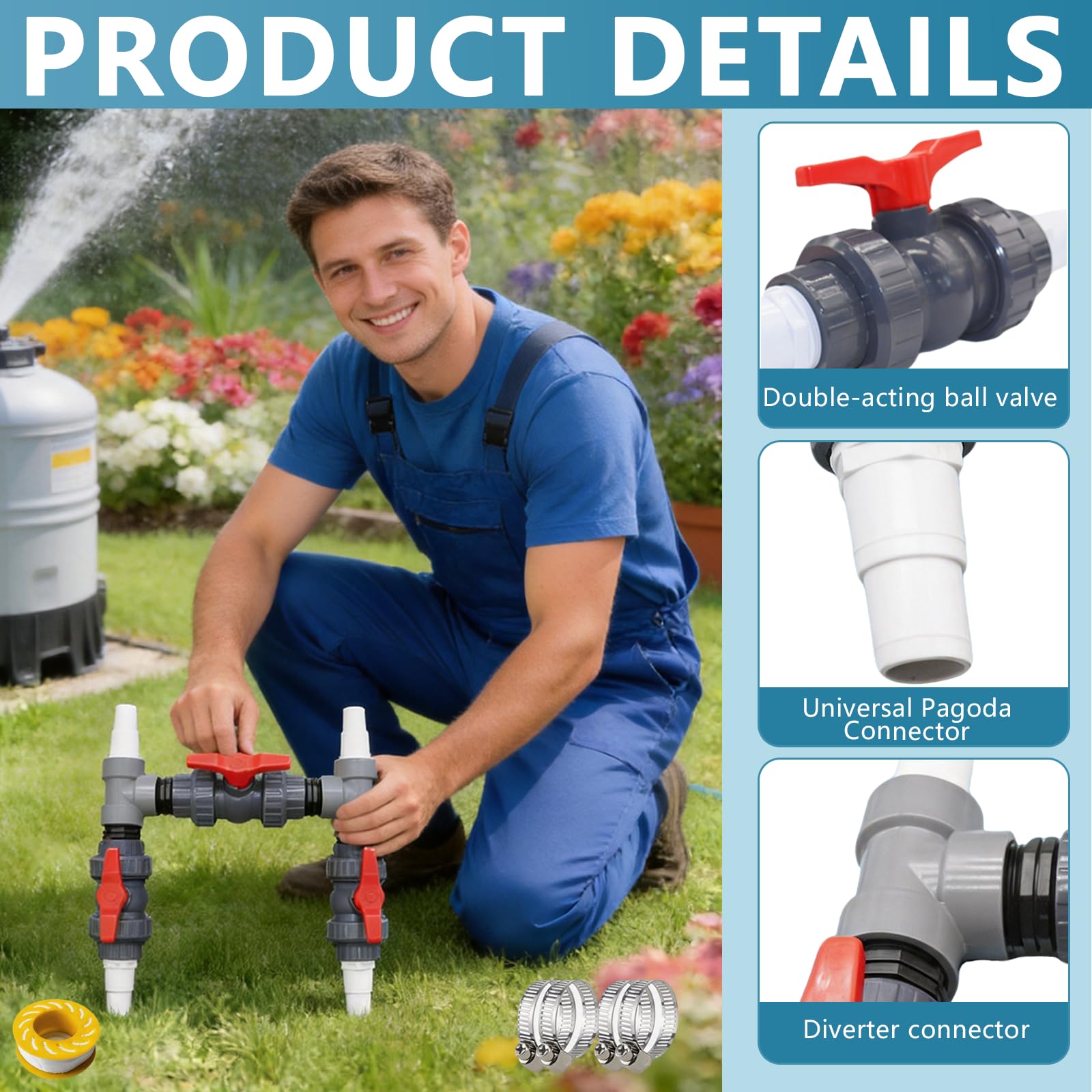 Kit De Derivación para Piscinas, Bombas De Calor Kit De Conexión para Calefacción De Piscinas con Válvulas De Bola De PVC 50mm Conectores En T Conectores De Tubería Mangueras 32mm/38mm
