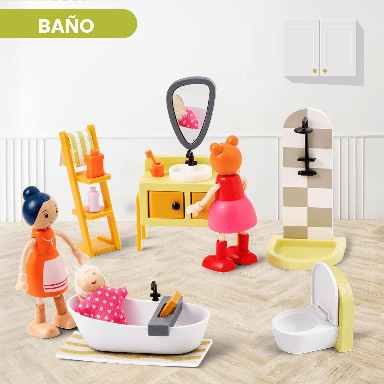Juego de Muebles para Casa de Muñecas de Madera, 85 Piezas, Casa de Muñecas Moderna con 6 Habitaciones, Accesorios para Muñecas, Juguete para Niños, Niñas y Niños Pequeños de 3+ Años