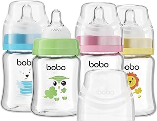 YOHKOH Glass Baby Bottles with Slow Flow Nipple, Newborn Anti-Colic Baby Bottles for 0+ Months, Wide Neck Feeding Bottle, Clear (Multicolour, 5oz (Pack of 4))