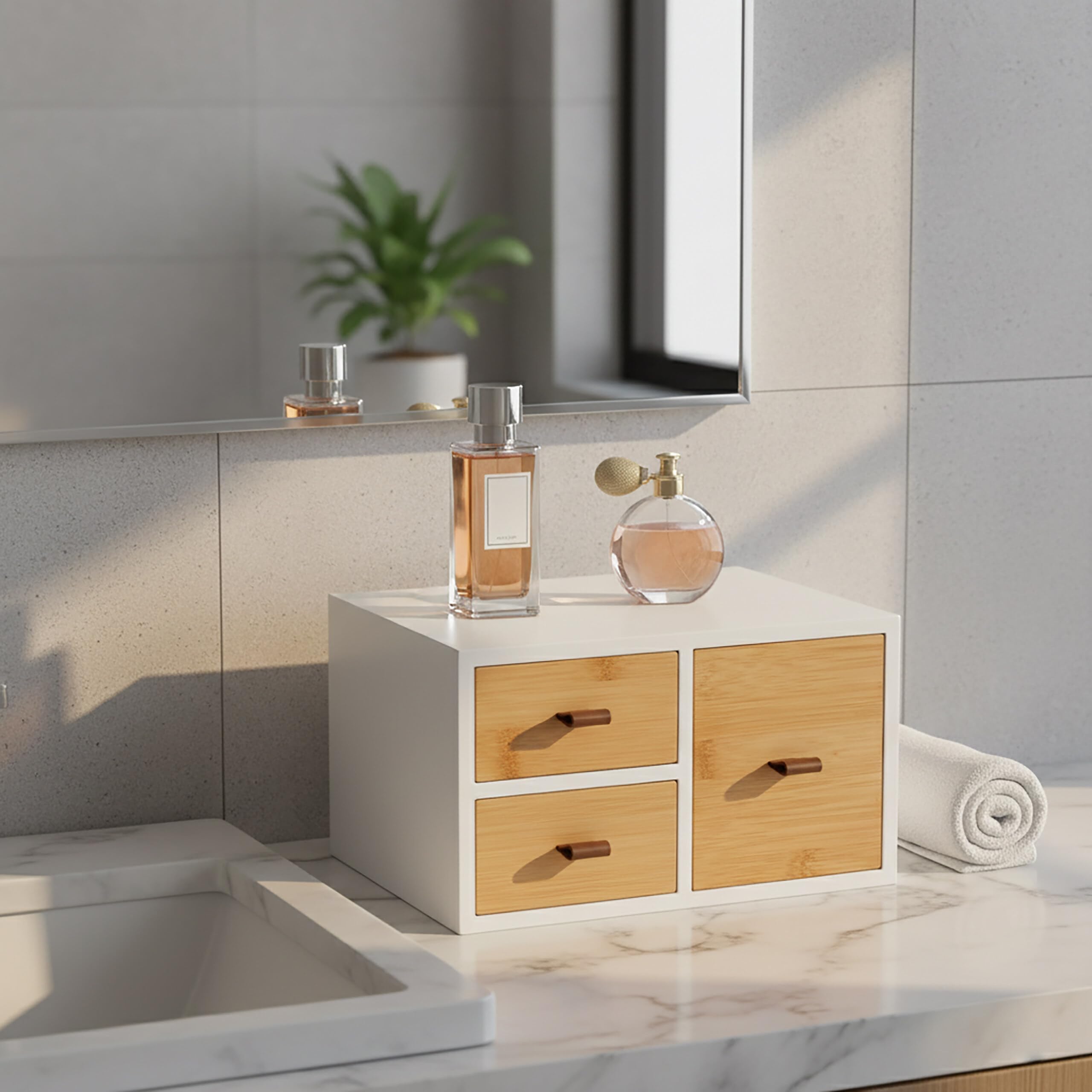 Boîte à tiroirs Relaxdays en Bambou et MDF, 3 tiroirs, H x L x P : 15 x 25 x 20 cm, Organiseur de Bureau, Blanc/Nature