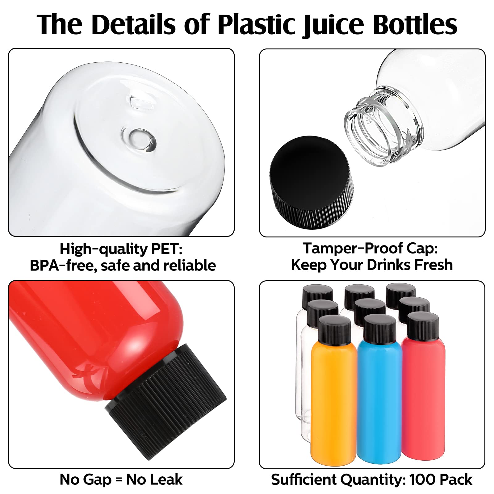 150 Pcs 2oz Clear Plastic Bottles Mini Juice Bottle with Black Screw Lid Reusable Liquid Vial