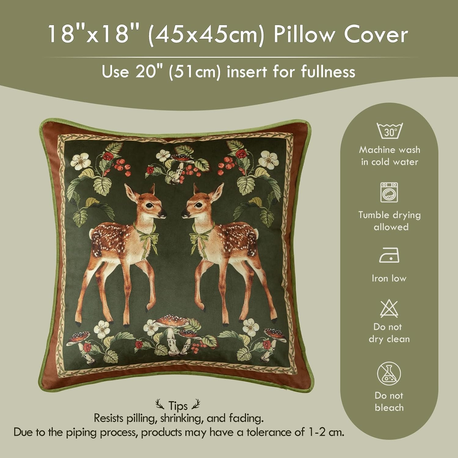Spring Holly Deer Green Pillow Cover, Velvet Euro Sham Covers Decorative Throw Pillow Covers 18x18 for Couch Sofa Bed Living Room - Image 6