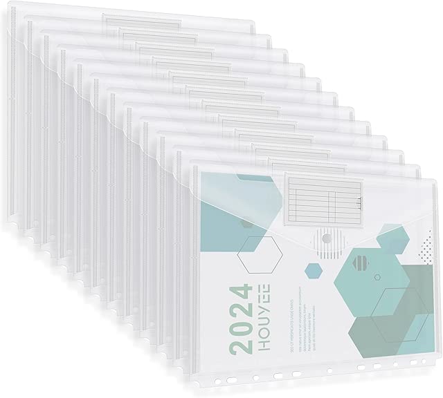 12 Pack Binder Pocket, 11 Holes Heavy Duty Clear Poly Binder Envelope with Snap Closure, Letter Size,8 Mil,50 Sheet Capacity,Back to School