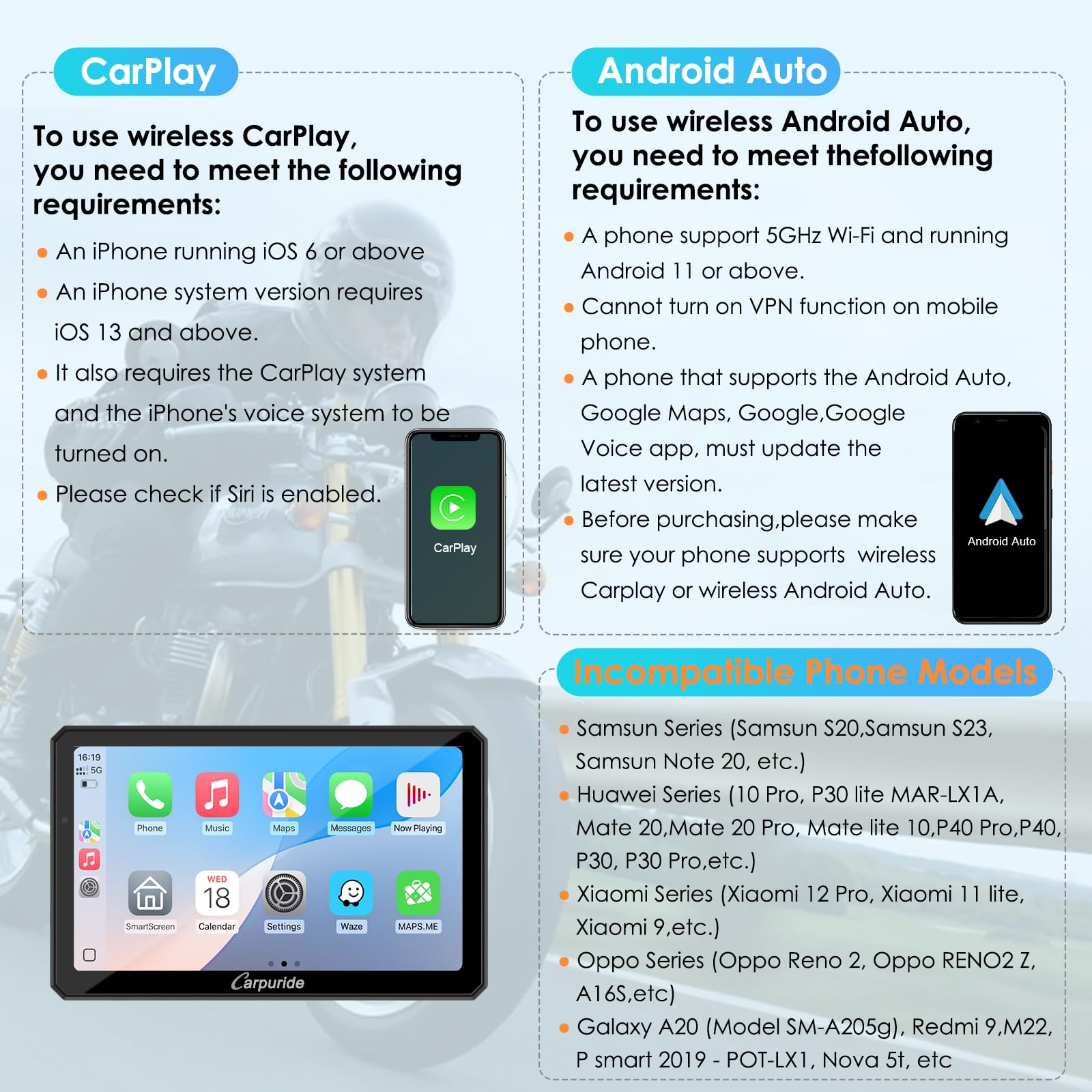 Carpuride W712D Motocicleta Carplay Pantalla con 1080P HD Dash CAM Duales Cámara, Inalámbrico CarPlay y Android Auto, 7" Pantalla Táctil Impermeable, BT, Cable Controlador, Grabación Bucle, GPS.