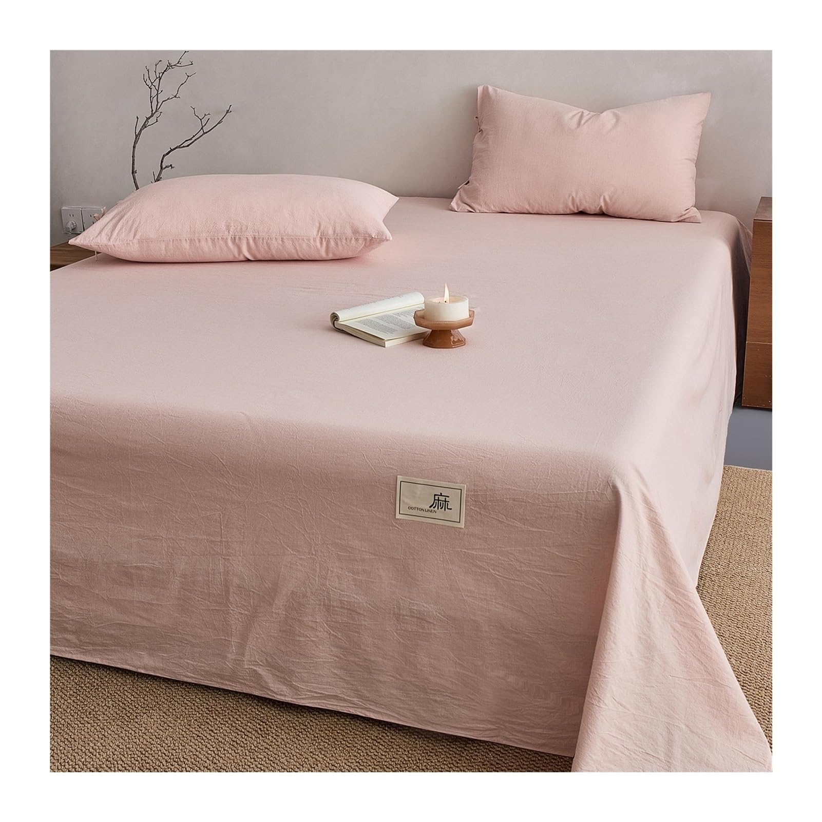 GBHMJU 100% Cotton Linen Flat Sheet A Class Soft Top Sheet for Sensitive Skin(Pink,200x230cm+48x74cm x2)
