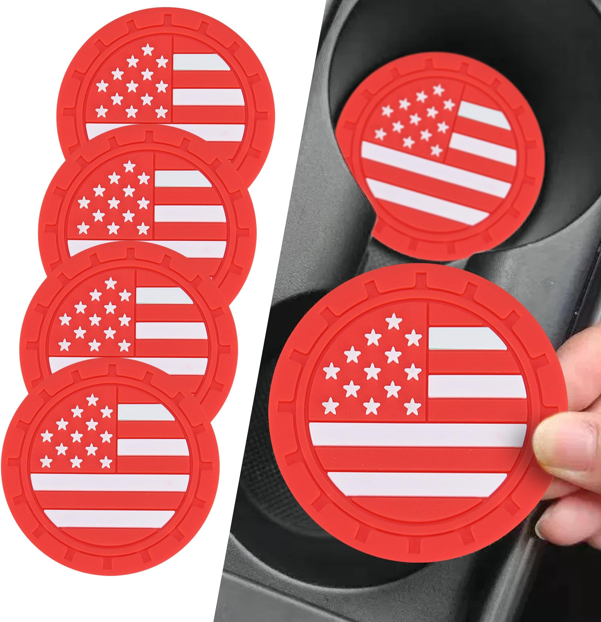 4PCS Car Cup Holder Coasters, 2.75 Inch American Flag Insert Car Cup Coaster, Anti Slip Shockproof Embedded Drink Mat, Car Coasters for Cup Holders, Universal Car Interior Accessories (Red)